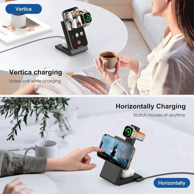 Alt view image 5 of 7 - 3 in 1 Wireless Charging Station for Multiple Devices Fast Foldable Travel Mag-Safe Stand for iPhone 16/15/14/13/12/Series Magnetic Charger for Watch 10/Ultra 2/AirPods 4 with 20W Adapter