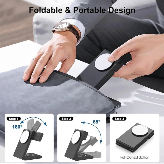 Alt view image 7 of 7 - 3 in 1 Wireless Charging Station for Multiple Devices Fast Foldable Travel Mag-Safe Stand for iPhone 16/15/14/13/12/Series Magnetic Charger for Watch 10/Ultra 2/AirPods 4 with 20W Adapter