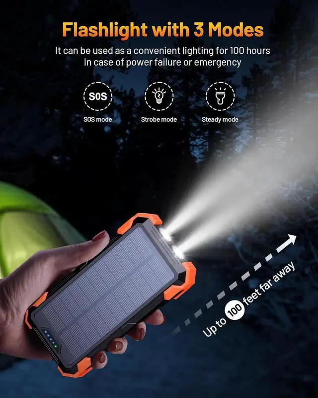 Alt view image 2 of 5 - JAENFONG Solar Power Bank 42800mAh Portable Charger 20W Fast Charging External Battery Pack Built in 4 Cables Wireless Charging Power Bank for Watches with Flashlight Carabiner Thermometer