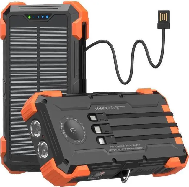 Main image of JAENFONG Solar Power Bank 42800mAh Portable Charger 20W Fast Charging External Battery Pack Built in 4 Cables Wireless Charging Power Bank for Watches with Flashlight Carabiner Thermometer