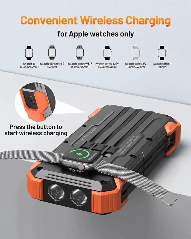 Alt view image 4 of 5 - JAENFONG Solar Power Bank 42800mAh Portable Charger 20W Fast Charging External Battery Pack Built in 4 Cables Wireless Charging Power Bank for Watches with Flashlight Carabiner Thermometer