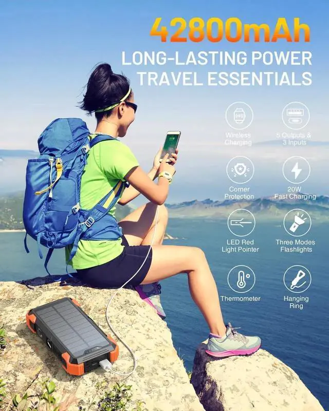 Alt view image 3 of 5 - JAENFONG Solar Power Bank 42800mAh Portable Charger 20W Fast Charging External Battery Pack Built in 4 Cables Wireless Charging Power Bank for Watches with Flashlight Carabiner Thermometer