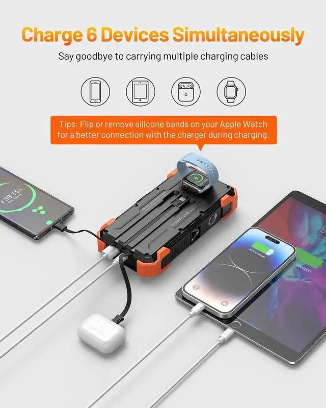 Alt view image 5 of 5 - JAENFONG Solar Power Bank 42800mAh Portable Charger 20W Fast Charging External Battery Pack Built in 4 Cables Wireless Charging Power Bank for Watches with Flashlight Carabiner Thermometer