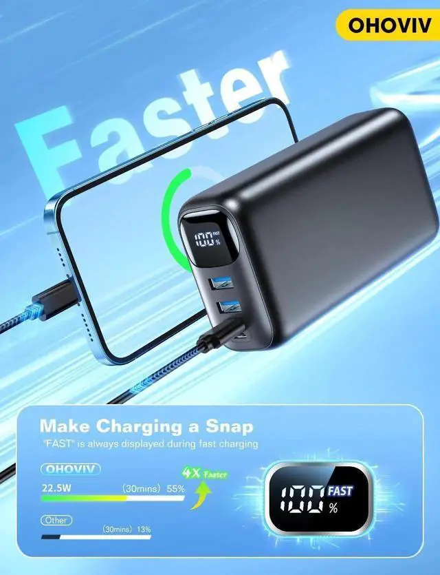 Alt view image 2 of 6 - JAENFONG Portable Charger 50000mAh Power Bank - 22.5W Fast Charging External Battery Pack LED Display USB-C Portable Cell Phone Charger for iPhone 16/15/14/13 Pro Android Galaxy Etc