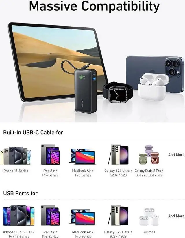 Alt view image 3 of 6 - JAENFONG Nano Power Bank 10 000mAh Portable Charger with Built-in USB-C Cable 30W Recharging 30W Max Output with USB-C&A for iPhone 16/15 Series MacBook Galaxy AirPods and More