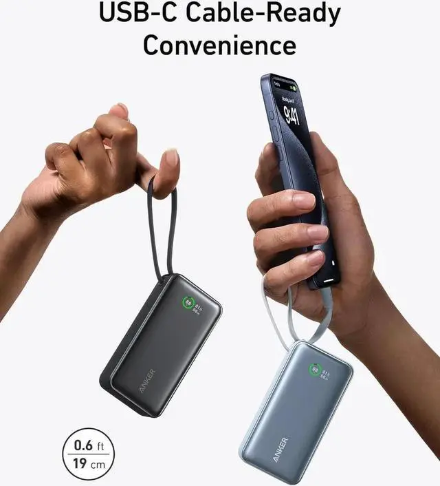 Alt view image 4 of 6 - JAENFONG Nano Power Bank 10 000mAh Portable Charger with Built-in USB-C Cable 30W Recharging 30W Max Output with USB-C&A for iPhone 16/15 Series MacBook Galaxy AirPods and More