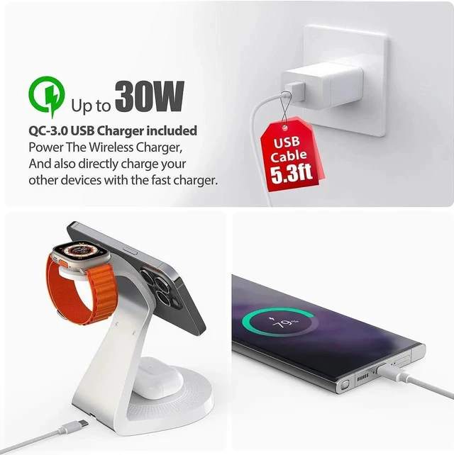 Alt view image 2 of 6 - 3 in 1 Charging Station for Devices Mag-Safe Charger Stand Fast Charging Wireless Charger for iPhone 16/15/14/13/12 Series & AirPods & iWatch(USB-C Charger Included)