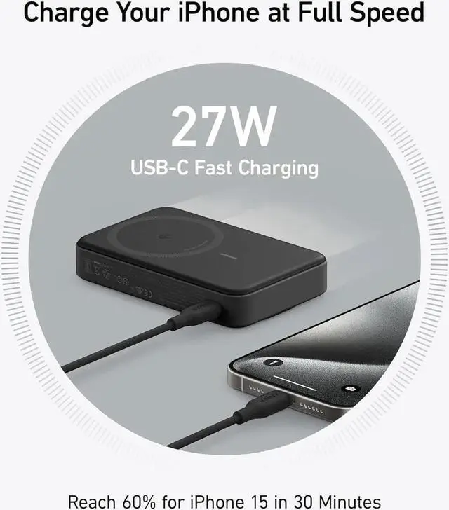 Alt view image 3 of 6 - JAENFONG MagGo Power Bank Qi2 Certified 15W Ultra-Fast MagSafe-Compatible Portable Charger 10 000mAh Battery Pack with Smart Display & Foldable Stand For iPhone 15/14/13 Only (USB-C Cable Included)