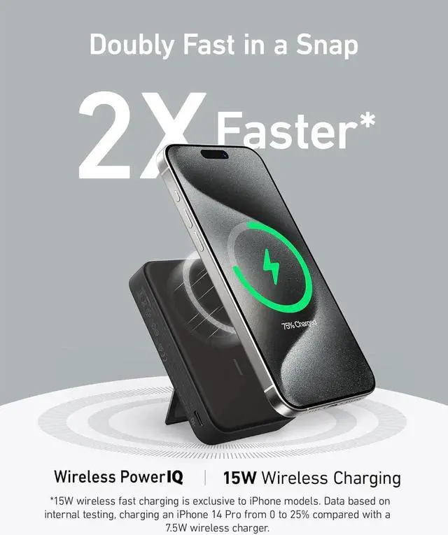 Alt view image 4 of 6 - JAENFONG MagGo Power Bank Qi2 Certified 15W Ultra-Fast MagSafe-Compatible Portable Charger 10 000mAh Battery Pack with Smart Display & Foldable Stand For iPhone 15/14/13 Only (USB-C Cable Included)