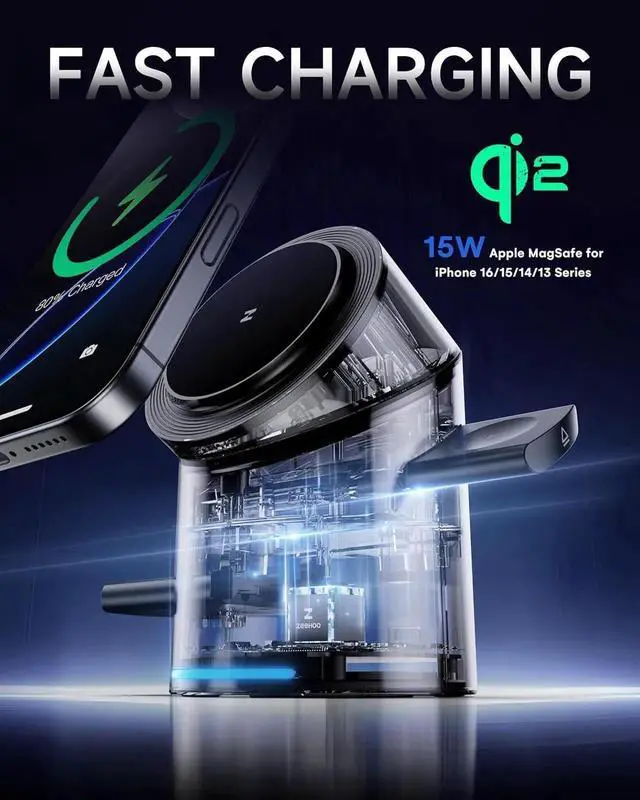 Alt view image 4 of 7 - JAENFONG 3 in 1 Charging Station for Devices Mag-Safe Charger Stand Qi2 15W Auto-Rotating Wireless Charger for iPhone 16/15/14/13/12 Series& AirPods& iWatch(Black)