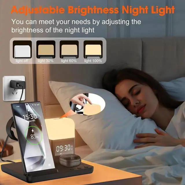 Alt view image 3 of 7 - Wireless Charger for /Android Charging Station 6 in 1 Fast Watch Charger with Alarm Clock-Night Light Compatible for Galaxy S25 Ultra/S24/S23 Only for Watch7 Galaxy Buds3 Pro(Black)