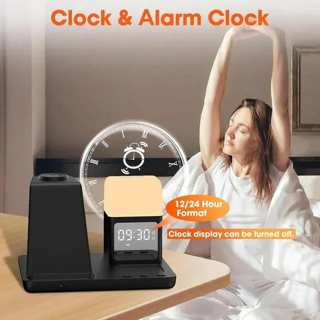 Alt view image 4 of 7 - Wireless Charger for /Android Charging Station 6 in 1 Fast Watch Charger with Alarm Clock-Night Light Compatible for Galaxy S25 Ultra/S24/S23 Only for Watch7 Galaxy Buds3 Pro(Black)