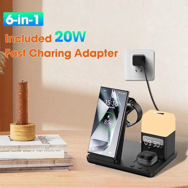 Alt view image 6 of 7 - Wireless Charger for /Android Charging Station 6 in 1 Fast Watch Charger with Alarm Clock-Night Light Compatible for Galaxy S25 Ultra/S24/S23 Only for Watch7 Galaxy Buds3 Pro(Black)