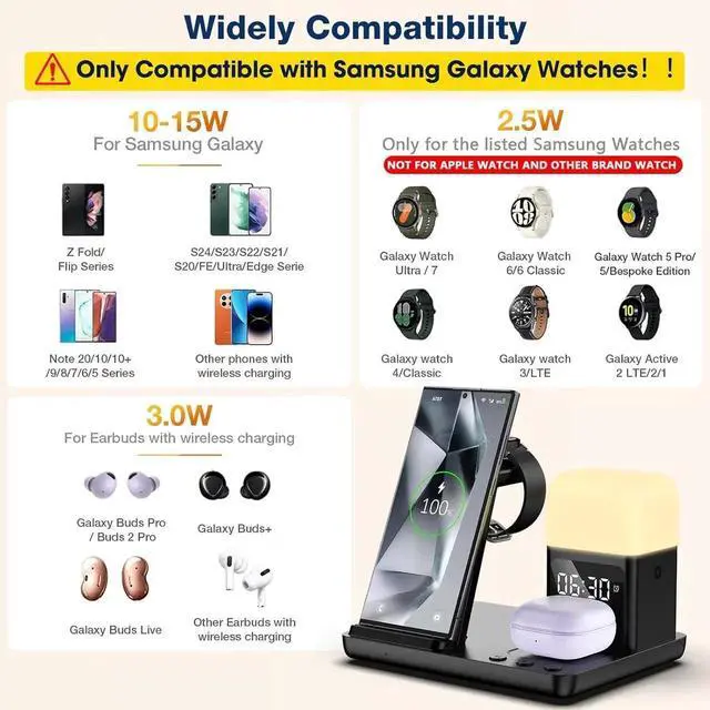 Alt view image 7 of 7 - Wireless Charger for /Android Charging Station 6 in 1 Fast Watch Charger with Alarm Clock-Night Light Compatible for Galaxy S25 Ultra/S24/S23 Only for Watch7 Galaxy Buds3 Pro(Black)