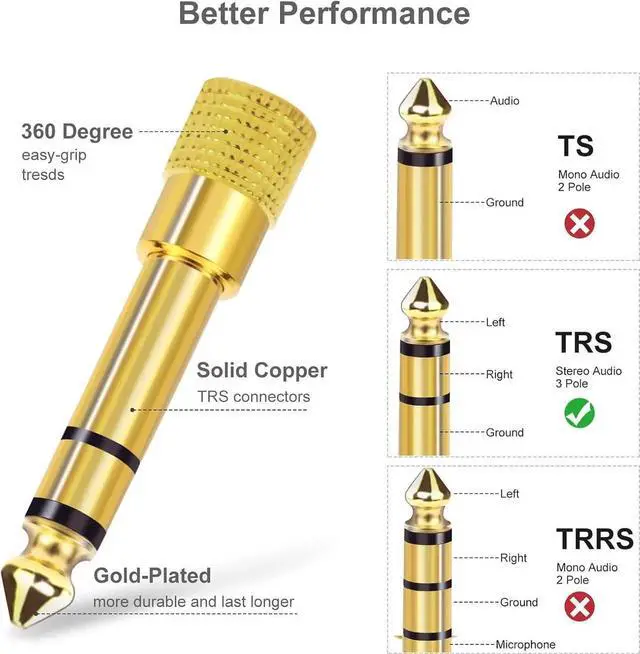Alt view image 3 of 7 - JAENFONG 5-Pack 3.5mm to 1/4 Adapter Gold Plated Headphone Jack Adapters 1/4 to 3.5mm Adapter Stereo Audio Headphone Adapters for Aux Cable Headphones Piano Drums Guitar Amplifier