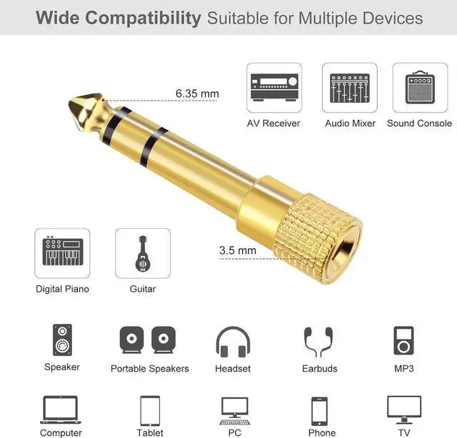Alt view image 7 of 7 - JAENFONG 5-Pack 3.5mm to 1/4 Adapter Gold Plated Headphone Jack Adapters 1/4 to 3.5mm Adapter Stereo Audio Headphone Adapters for Aux Cable Headphones Piano Drums Guitar Amplifier