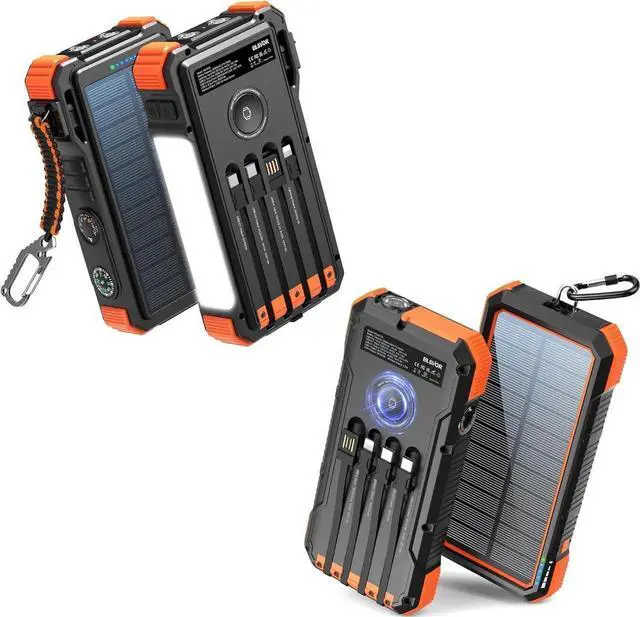 Main image of JAENFONG Solar Charger Power Bank 20000mAh Built in 4 Cables 20W Fast Charging External Battery Pack with USB C Camping Light Flashlight Wireless Charging Battery Bank for Watches