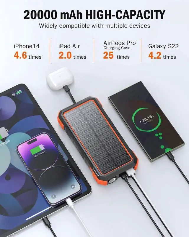 Alt view image 7 of 7 - JAENFONG Solar Charger Power Bank 20000mAh Built in 4 Cables 20W Fast Charging External Battery Pack with USB C Camping Light Flashlight Wireless Charging Battery Bank for Watches