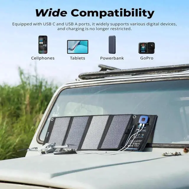 Alt view image 4 of 7 - JAENFONG Portable Solar Charger 28W with Digital Ammeter 25.4% High-Efficiency USB-A/USB-C Ports Folding Waterproof Solar Panels with Carabiners for Camping Backpacking Phones Tablets Power Bank
