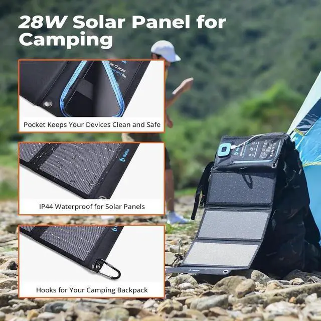 Alt view image 5 of 7 - JAENFONG Portable Solar Charger 28W with Digital Ammeter 25.4% High-Efficiency USB-A/USB-C Ports Folding Waterproof Solar Panels with Carabiners for Camping Backpacking Phones Tablets Power Bank