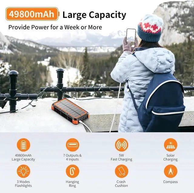 Alt view image 7 of 7 - Solar Charger Power Bank 49800mAh Wireless Charger QC 3.0 Fast Charging Power Bank 8 Outputs 4 Inputs Solar Portable Charger Compatible with All Mobile Devices SOS/Strobe/Strong Flashlights (orange)