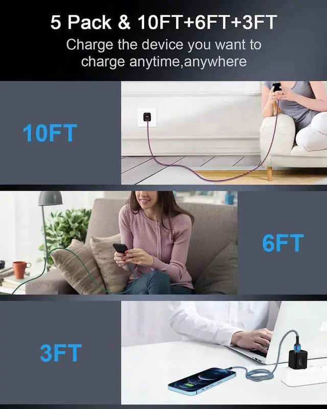 Alt view image 3 of 6 - JAENFONG USB A to Lightning Cable-2Pack/6Ft Nylon Braided Long iPhone Charger Cord Approved Fast Charging Power Wire for iPhone 14 Pro Max 13 Pro Max 13Pro 13 13 Mini 12 11 10 XR XS X 8 Plus 7 6 6s