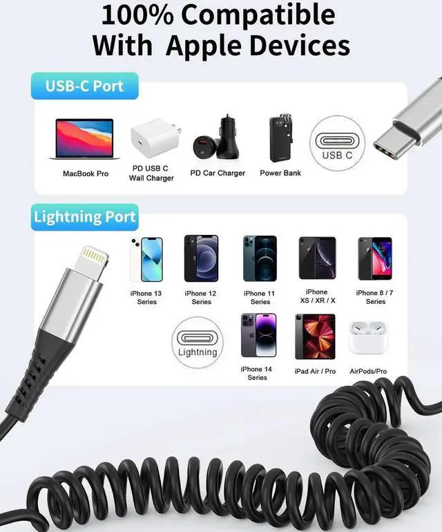 Alt view image 5 of 7 - JAENFONG Coiled USB C to Lightning Cable for Car 2 Pack 3FT Carplay Cable Short Retractable iPhone Charger Fast Charging Cord for iPhone 14 13 12 11 Pro Max Xs X Xr 8/Airpods