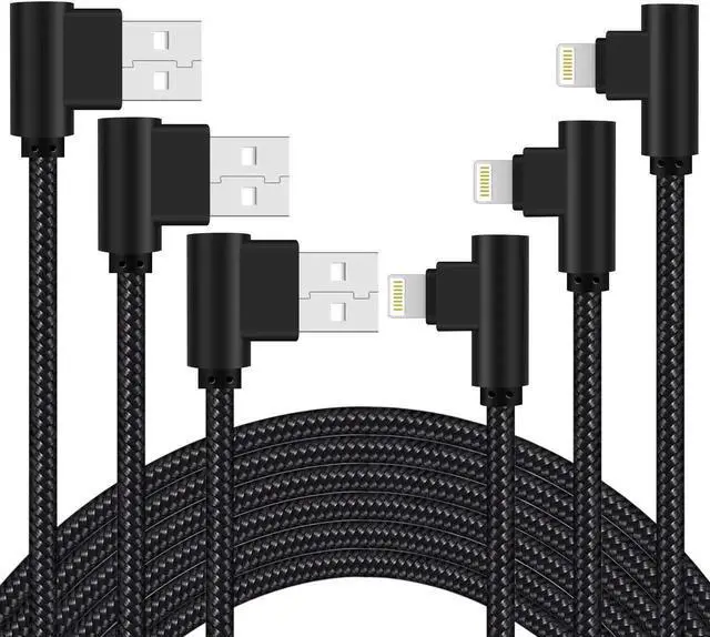 Main image of JAENFONG iPhone Charger 3 feet MFi Certified 3 Pack 90 Degree Nylon Braided Lightning Cable Right Angle Charging Cord for iPhone14 13 12 11 Pro X XS XR 8 Plus 7 6 5 and More (Black 3 FT)