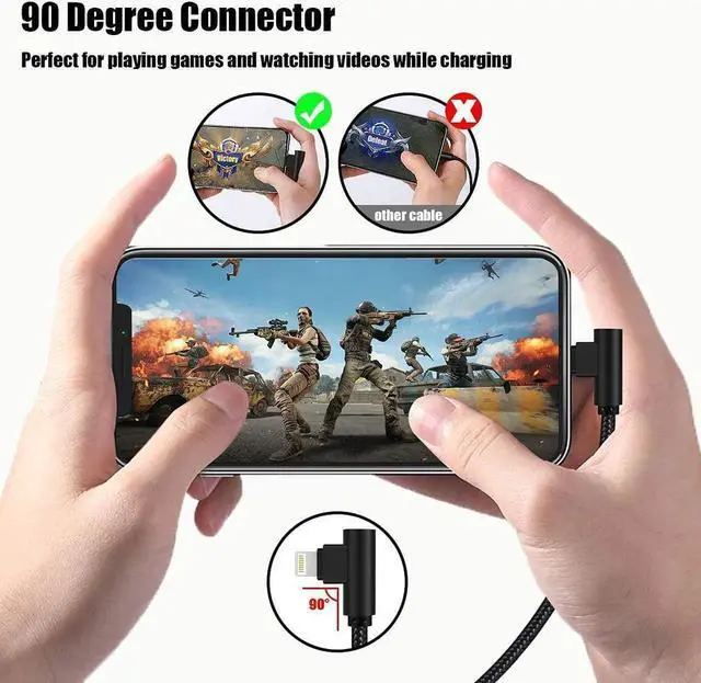 Alt view image 3 of 7 - JAENFONG iPhone Charger 3 feet MFi Certified 3 Pack 90 Degree Nylon Braided Lightning Cable Right Angle Charging Cord for iPhone14 13 12 11 Pro X XS XR 8 Plus 7 6 5 and More (Black 3 FT)