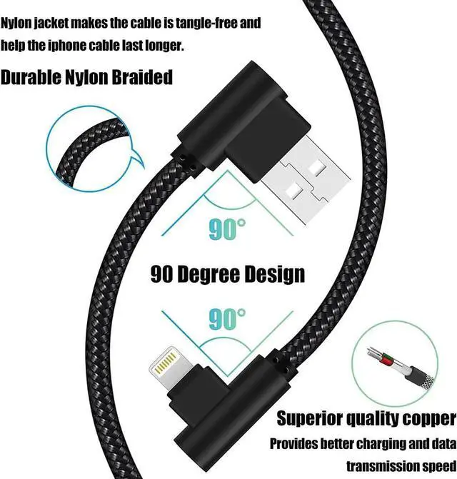 Alt view image 4 of 7 - JAENFONG iPhone Charger 3 feet MFi Certified 3 Pack 90 Degree Nylon Braided Lightning Cable Right Angle Charging Cord for iPhone14 13 12 11 Pro X XS XR 8 Plus 7 6 5 and More (Black 3 FT)