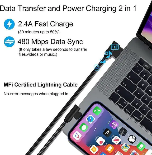 Alt view image 5 of 7 - JAENFONG iPhone Charger 3 feet MFi Certified 3 Pack 90 Degree Nylon Braided Lightning Cable Right Angle Charging Cord for iPhone14 13 12 11 Pro X XS XR 8 Plus 7 6 5 and More (Black 3 FT)