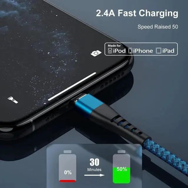 Alt view image 5 of 7 - JAENFONG 2Pack for iPhone Charger Cord 6FT Lighting Cable 6 Feet to USB Charging Cable Nylon Braided Charging Cord 6 Foot Compatible with iPhone 14 13 12 11 X XS XR 15 Pad - Blue