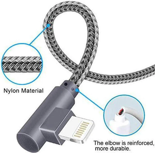 Alt view image 4 of 6 - JAENFONG MFi Certified Lightning iPhone Charger Cord 90 Degree Fast Data Cable Nylon Braided Compatible with iPhone Xs Max/XS/XR/7/7Plus/X/8/8Plus/6S/6S Plus/SE (Gray 10FT)
