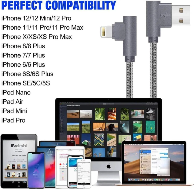 Alt view image 2 of 6 - JAENFONG MFi Certified Lightning iPhone Charger Cord 90 Degree Fast Data Cable Nylon Braided Compatible with iPhone Xs Max/XS/XR/7/7Plus/X/8/8Plus/6S/6S Plus/SE (Gray 10FT)