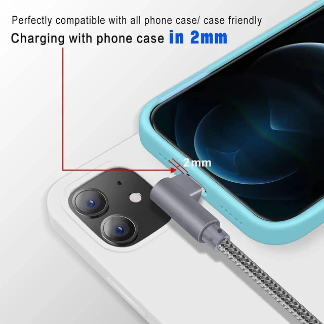 Alt view image 5 of 6 - JAENFONG MFi Certified Lightning iPhone Charger Cord 90 Degree Fast Data Cable Nylon Braided Compatible with iPhone Xs Max/XS/XR/7/7Plus/X/8/8Plus/6S/6S Plus/SE (Gray 10FT)