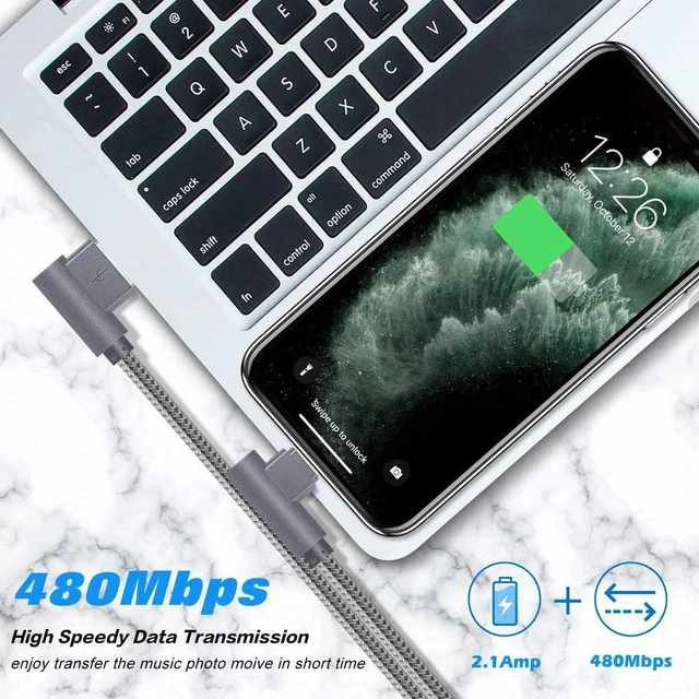 Alt view image 6 of 6 - JAENFONG MFi Certified Lightning iPhone Charger Cord 90 Degree Fast Data Cable Nylon Braided Compatible with iPhone Xs Max/XS/XR/7/7Plus/X/8/8Plus/6S/6S Plus/SE (Gray 10FT)