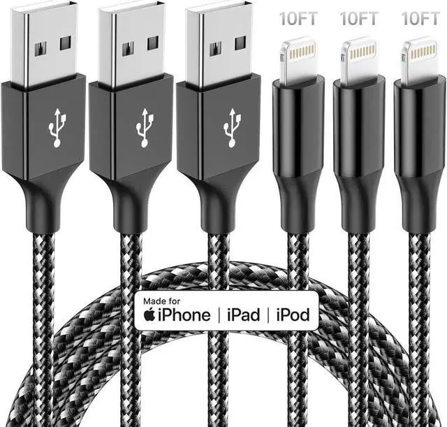 Main image of JAENFONG iPhone Charger 3 Pack 10 FT iPhone Charger Fast Charging Cord MFi Certified Lightning Cable Nylon Braided Compatible with iPhone 14 13 12 11 Pro Max XR XS X 8 7 6 Plus SE iPad and More
