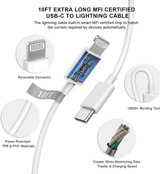 Alt view image 5 of 7 - JAENFONG iPhone Charger Fast Charging 10 FT 2 Pack 20W USB C Wall Charger Block with 10FT Long Type C to Lightning Fast Charging Data Sync Cable Compatible for iPhone 14 13 12 11 Pro Max XS XR X iPad