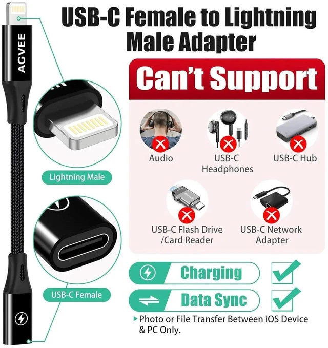 Alt view image 2 of 7 - JAENFONG 1 Pack 4 inch 30W USB-C Female to Lightning Cable Adapter Type-C to 8 Pin Male PD Fast Charging Converter Cord Connector for iPhone 14 13 12 11 Airpods iOS Device Carplay Black