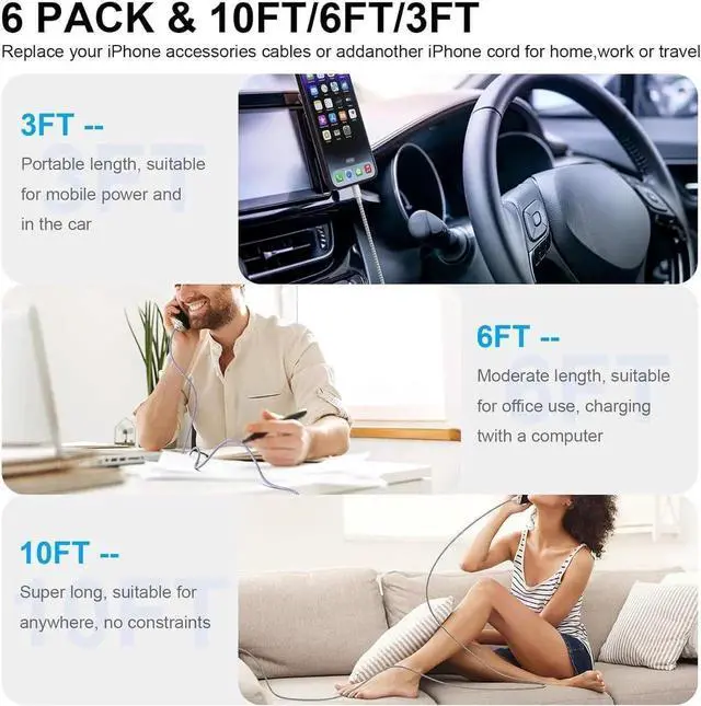 Alt view image 5 of 7 - JAENFONG MFi Certified 6Pack iPhone Charger 3/3/6/6/6/10FT Lightning Cable Fast Charging iPhone Charger Cord Nylon Braided for iPhone14/13/12/11Pro Max/XS MAX/XR/XS/X/8/7Plus iPad AirPods