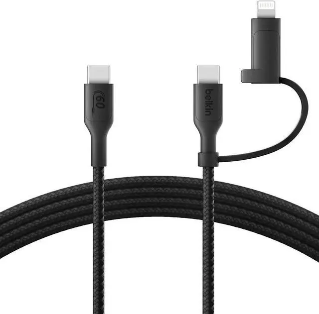 Main image of JAENFONG BoostCharge Braided 2-in-1 USB-C Charging Cable w/USB-C & Lightning Connector (1.5M) Fast & Multi-Charging for iPhone Series iPad MacBook Galaxy Series Nintendo Switch 2 & More - Black