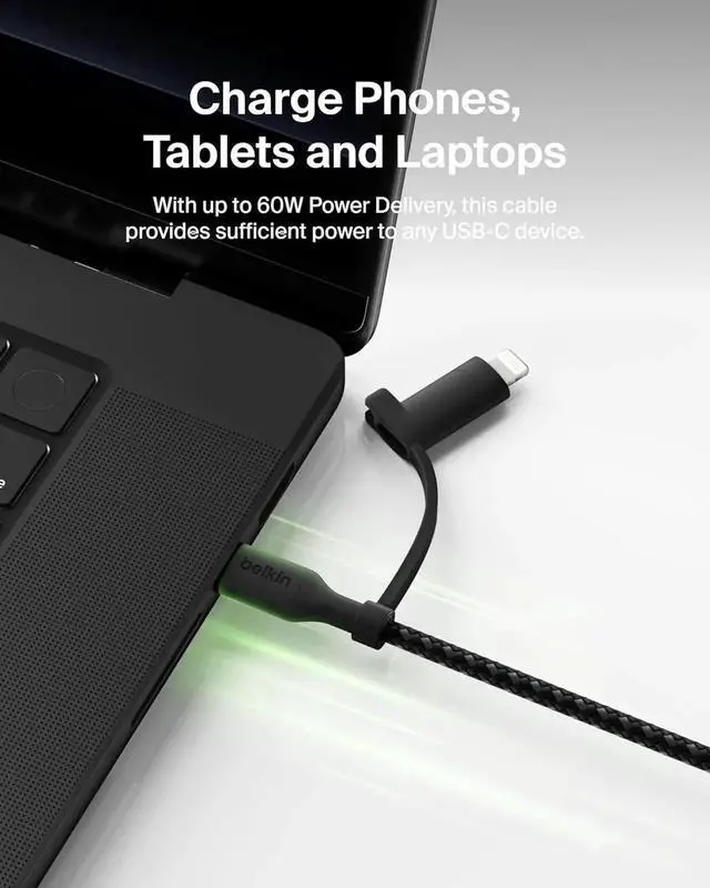 Alt view image 6 of 6 - JAENFONG BoostCharge Braided 2-in-1 USB-C Charging Cable w/USB-C & Lightning Connector (1.5M) Fast & Multi-Charging for iPhone Series iPad MacBook Galaxy Series Nintendo Switch 2 & More - Black