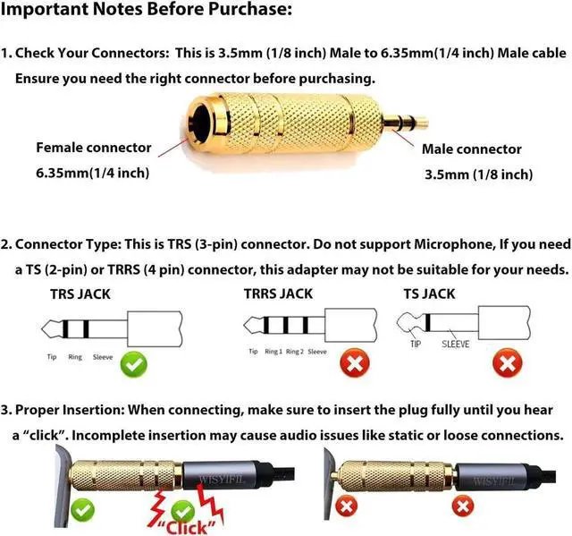 Alt view image 7 of 7 - JAENFONG 1/4 to 3.5mm Auxiliary Audio Adapter Gold Plated Resist Corrosion Good Anti-Interference Low Signal Attenuation Durable Male to Female Connector 2 Pack