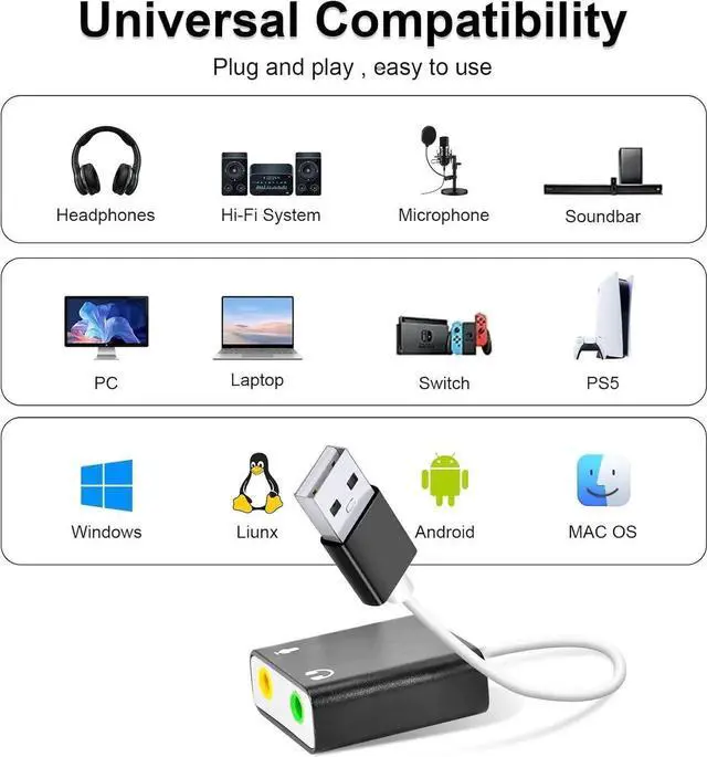 Alt view image 6 of 6 - JAENFONG USB Audio Adapter External Sound Card for PC and LaptopUSB Microphone Adapter to 3.5mm(1/8 inch) for Headphone Speaker and Microphone Jack Plug and Play