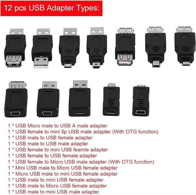 Alt view image 7 of 7 - JAENFONG OTG Adapter 2.0 USB Connector Types Converter 12Pcs Micro USB to USB Adapter Set Multiple Small USB Adapter Variety Black Phone Cable Converter for Data Transfer