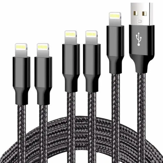 Main image of JAENFONG iPhone Charger 5 Pack 3/3/6/6/10FT MFi Certified USB Lightning Cable Nylon Braided Fast Charging Cord Compatible for iPhone 14/13/12/11/X/Max/8/7/6/5/SE/Plus/iPad - Black
