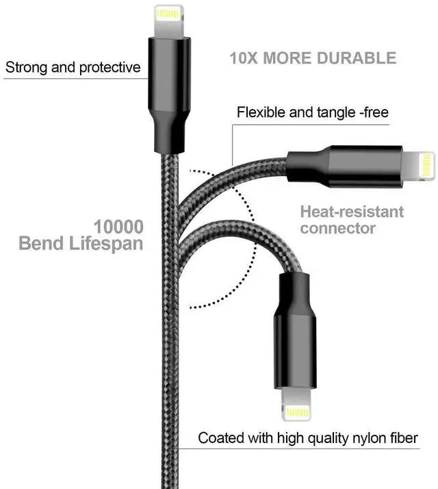 Alt view image 2 of 7 - JAENFONG iPhone Charger 5 Pack 3/3/6/6/10FT MFi Certified USB Lightning Cable Nylon Braided Fast Charging Cord Compatible for iPhone 14/13/12/11/X/Max/8/7/6/5/SE/Plus/iPad - Black