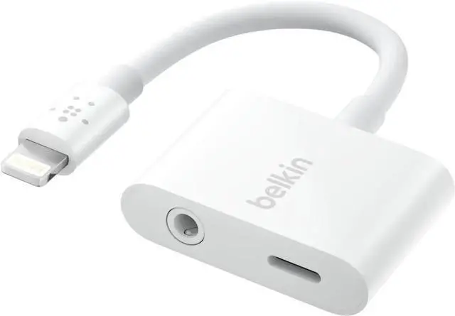 Main image of JAENFONG RockStar Lightning to 3.5mm Audio Cable + Audio Charger Splitter 2-in-1 Aux iPhone Headphone and Charger Adapter - Compatible with iPhone 14 13 12 11 X and More - White