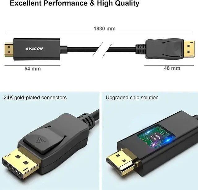 Alt view image 2 of 7 - JAENFONG 4K DisplayPort to HDMI 6 Feet Gold-Plated Cable Uni-Directional DP 1.2 Computer to HDMI 1.4 Screen DisplayPort to HDMI Adapter Male to Male Black