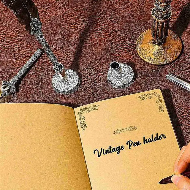 Alt view image 3 of 4 - 4 Pieces Vintage Round l Feather Pen Holder Insertion Pen Holder Feather Quill Pen Stand Desktop Dip Pens Base